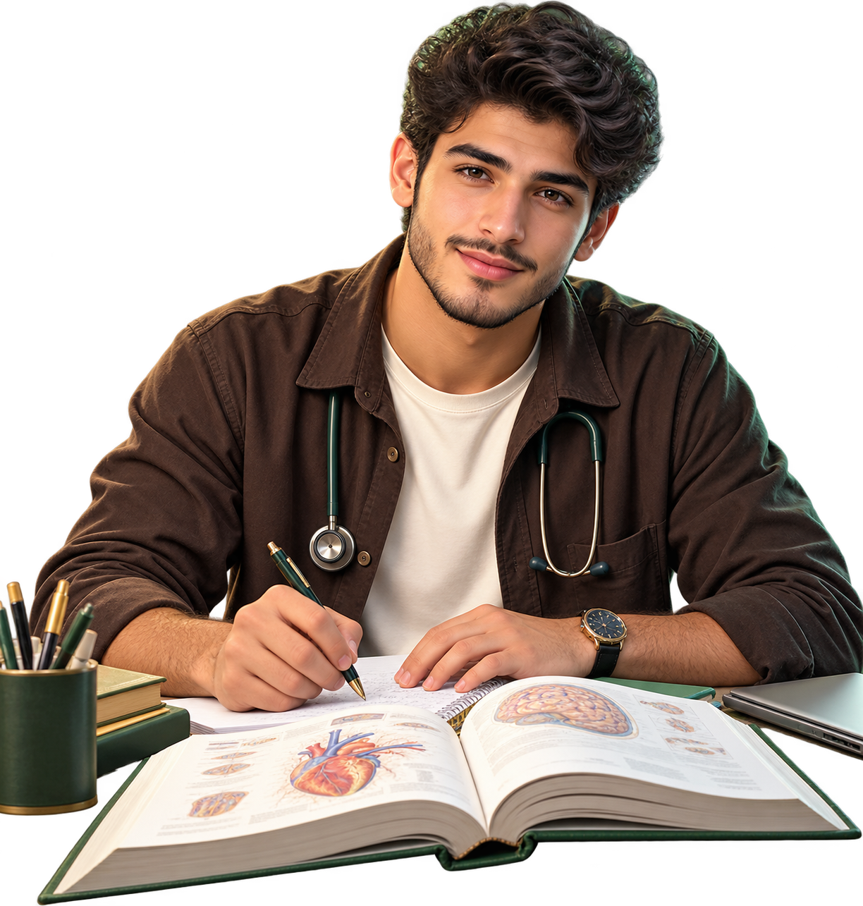طالب يذاكر العلوم الصحية أمام كتاب مفتوح